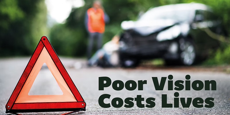 Vision Roadworthy campaign poster, featuring a warning sign in the foreground and a damaged car in the background